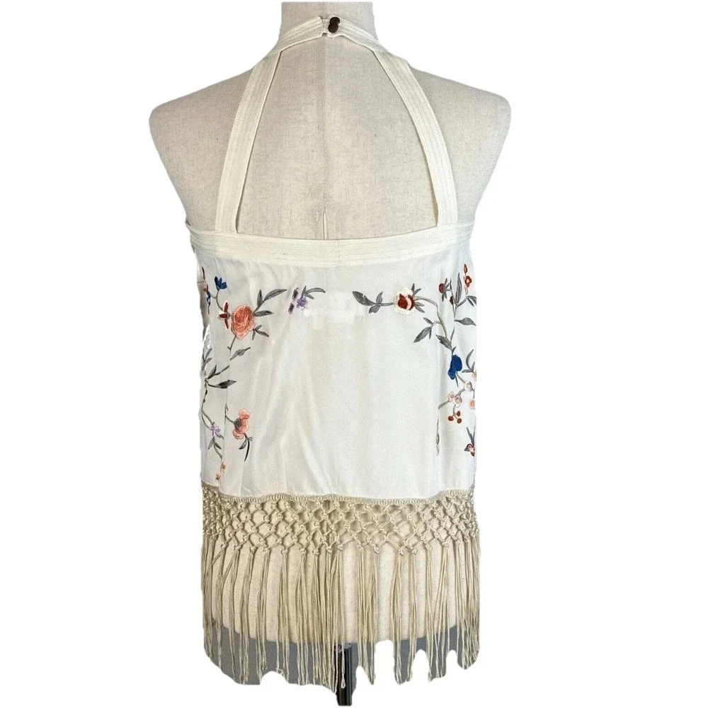 Anthropologie Embroidered Halter Top Sz2 Gatsby Fringe Boho Festival Tank Hippie - Picture 5 of 7